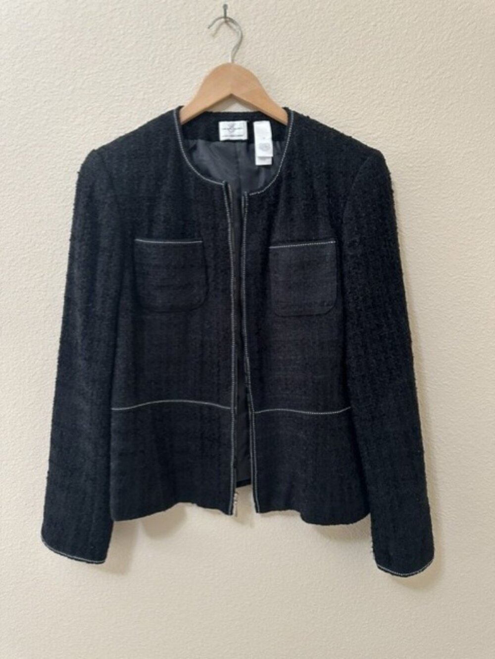 Emma James Liz Claiborne Black Tweed Boucle Contrast Stitch Zip Jacket Blazer 8
